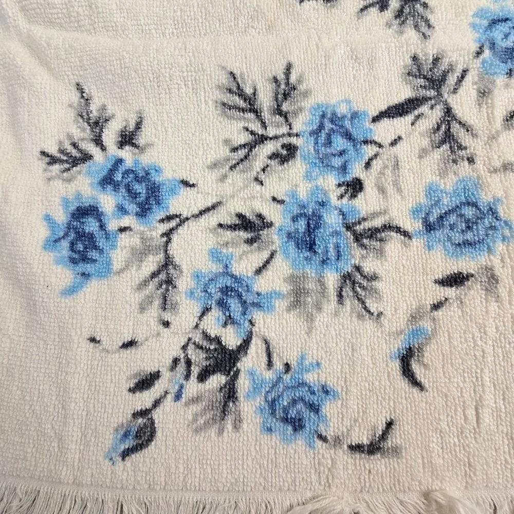 Vintage Bath Towel Blue Rose Floral Fringe Martex USA 23x47 70s Cottagecore Boho